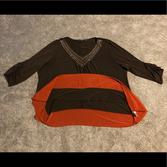 Avenue Top Blouse Size 30/32 Chic Brown Orange Stretchy Embellished - Picture 10 of 12